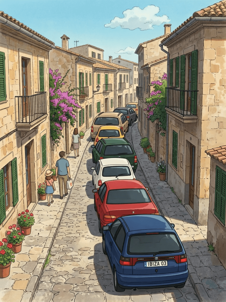 Narrow cobblestone street lined with stone buildings, green shutters, flower pots, and parked cars with people walking.