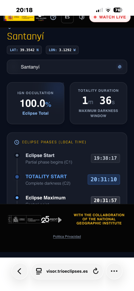 Web-App Visor Trio Eclipses - Info Sonnenfinsternis in Santanyí